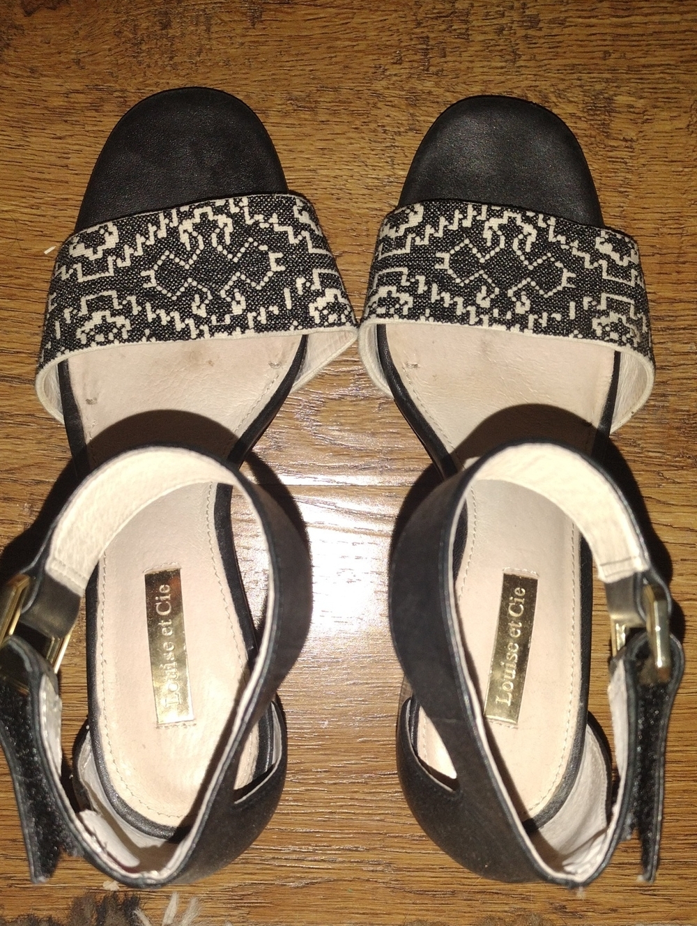 Louise et Cie Black and Cream Patterned Ankle-Strap Sandals